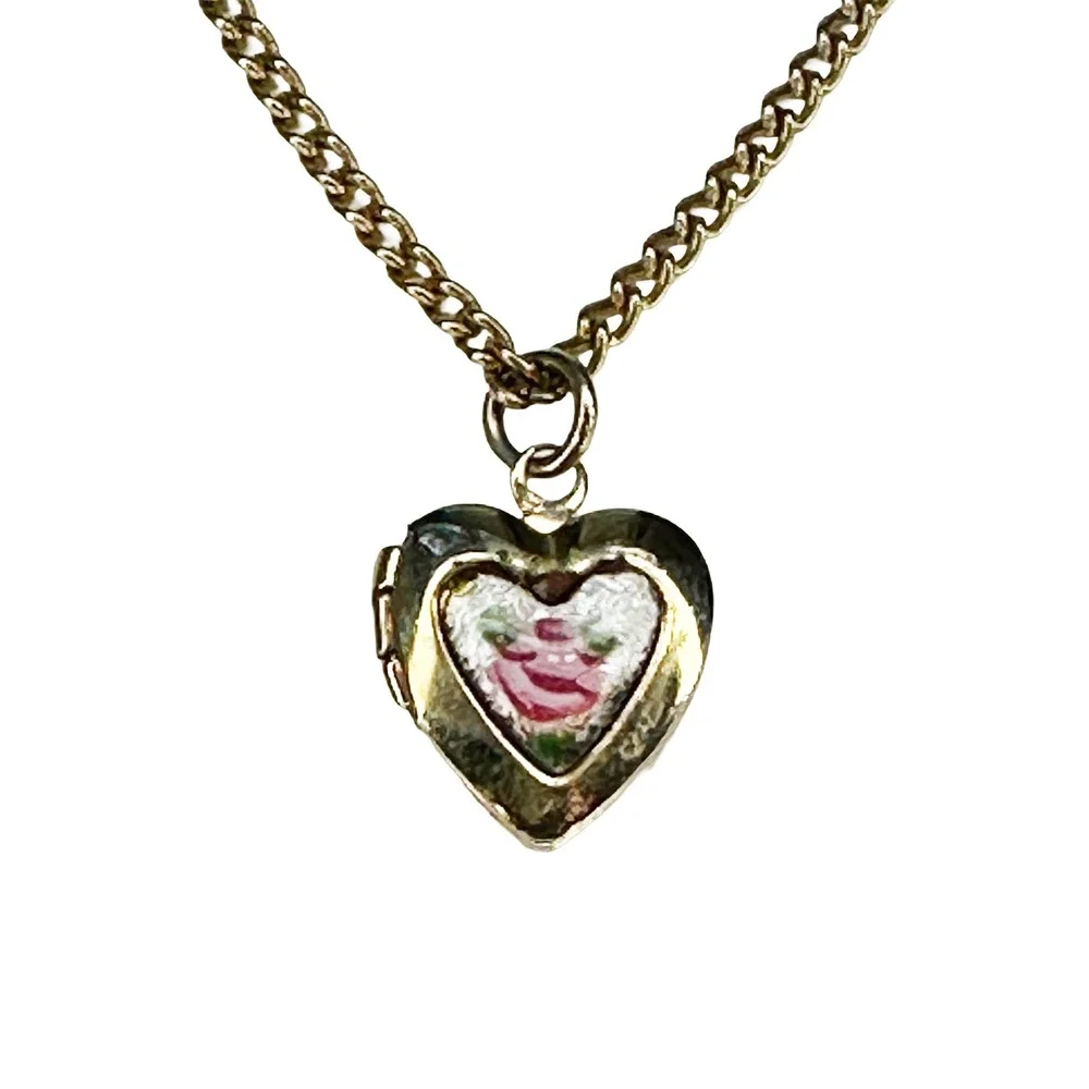 VINTAGE Child's Enamel Rose Inlay Locket • gold tone, white, pink
